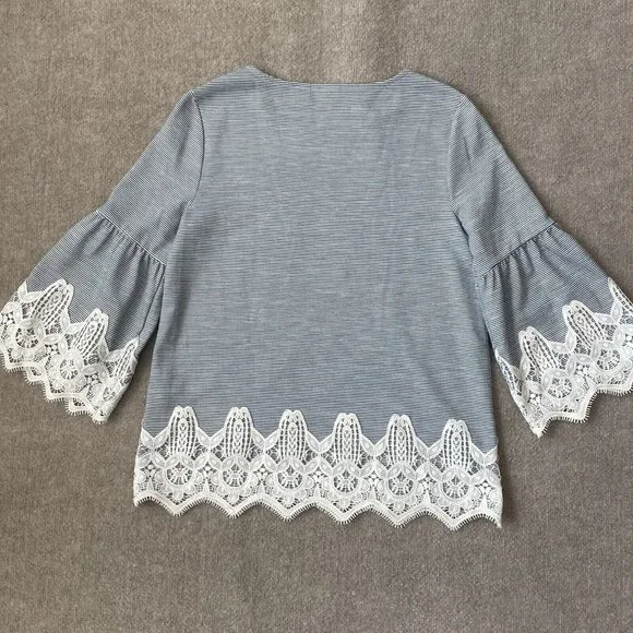 Chico's Shirt Womens 0 (Small) Blue White Striped Lace Bell Sleeves Hem Casual - Picture 8 of 8